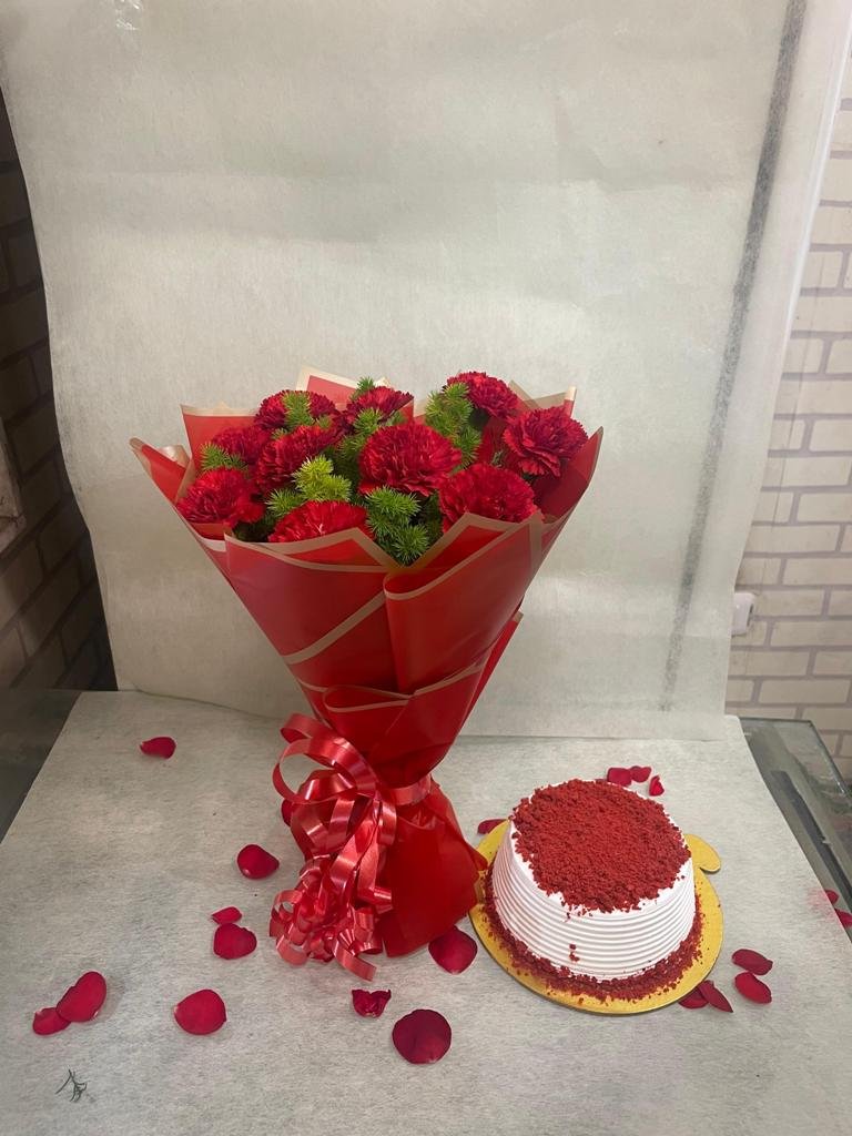 10 Red Carnations Bouqet With  Red Velvet Cake