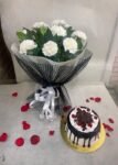 10 White Carnations Bouqet With Blackforest Cake