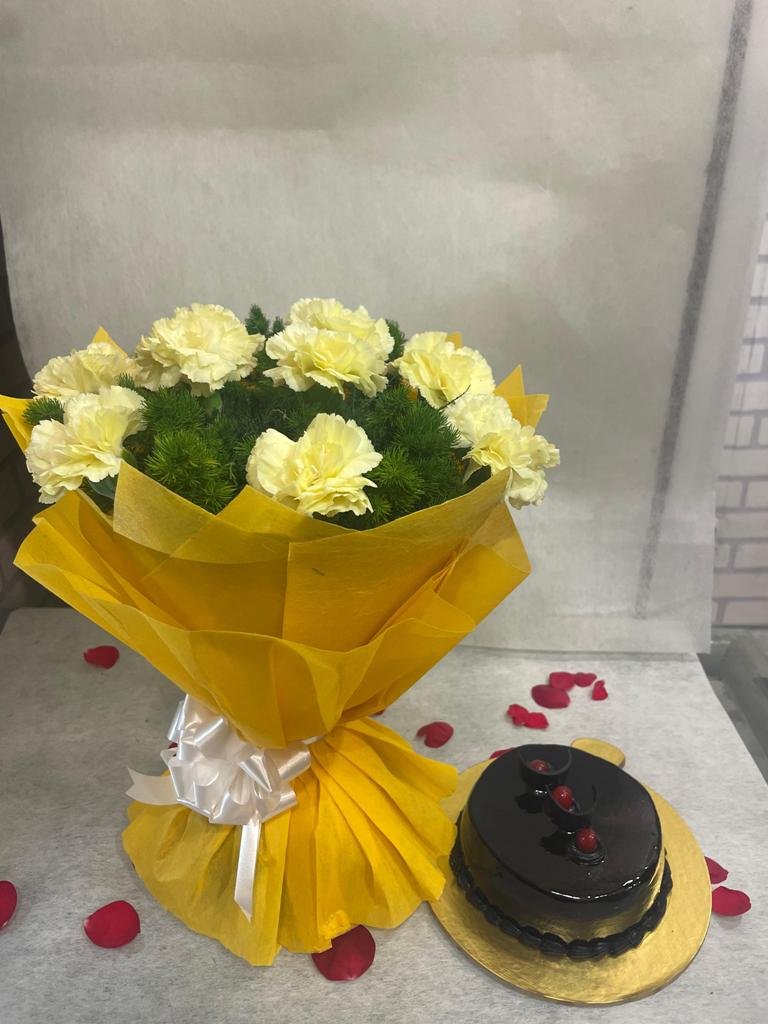 10 Yellow Carnations Bouqet With Truffle Cake