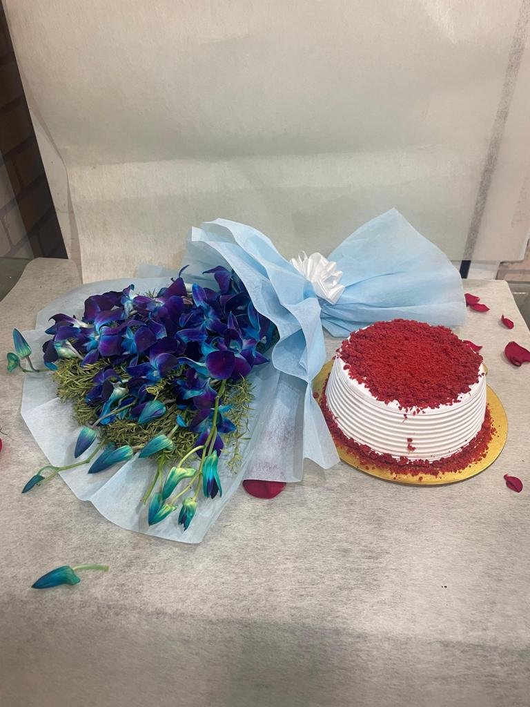 6 Blue Orchids Bunch With Red Velvet Cake-