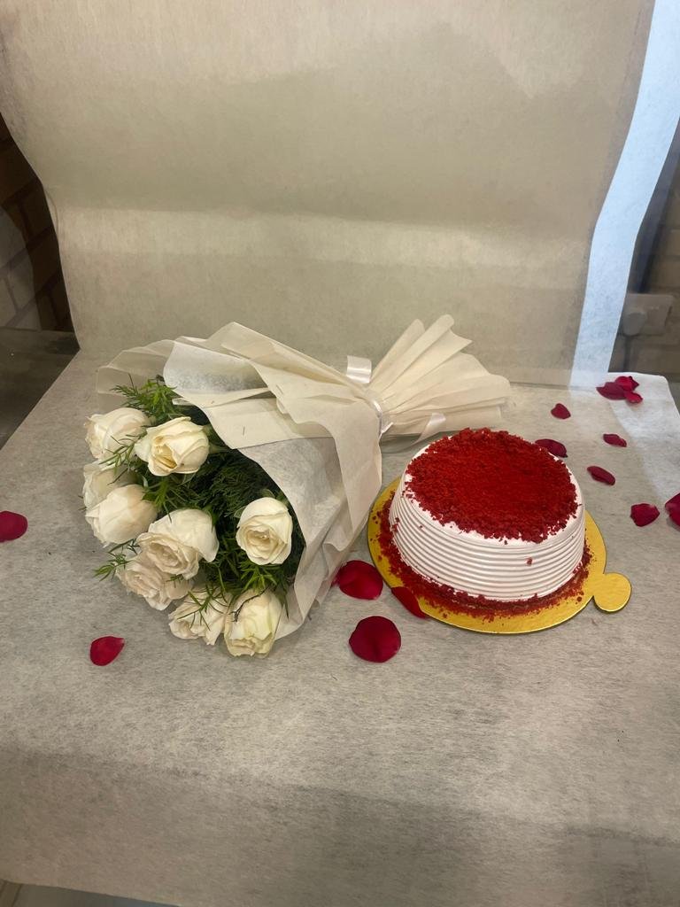 White Roses Bunch With Red Velvet Cake