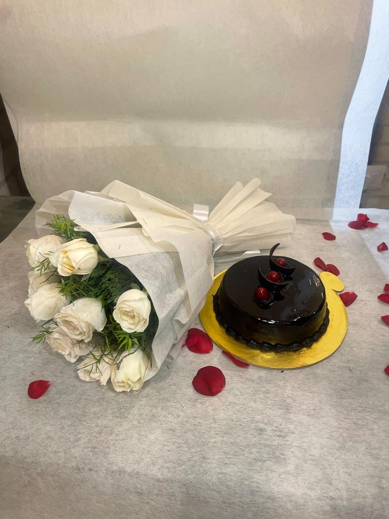 White Roses Bunch With Truffle Cake