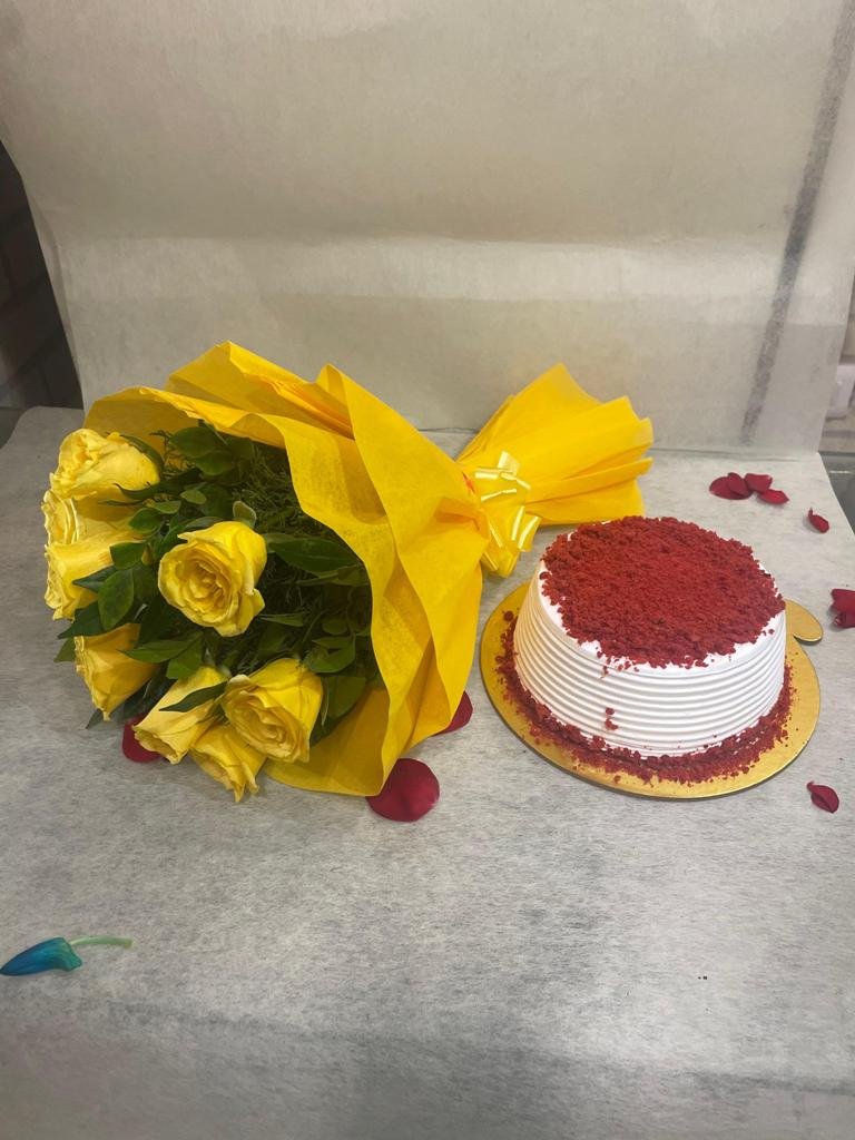 Yellow Roses Bunch With Red Velvet Cake
