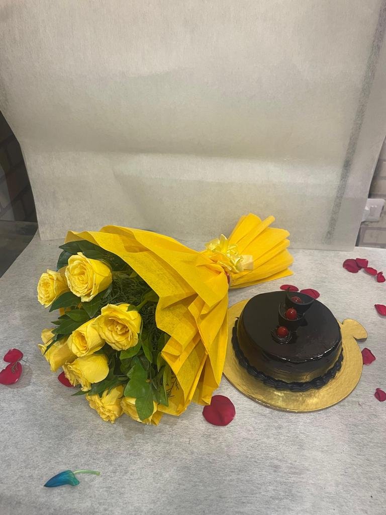 Yellow Roses Bunch With Truffle Cake
