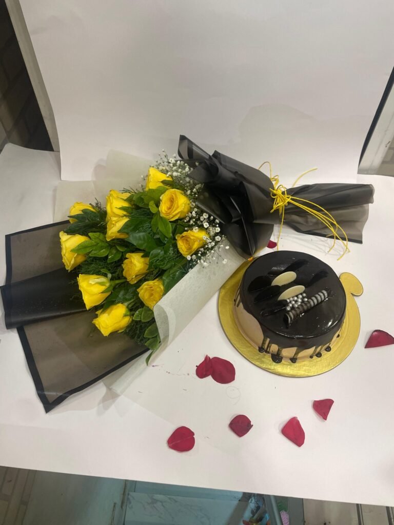 12 Yellow Roses Bunch with Chocolate Cake