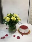 10 Yellow Carnations in Fish Bowl with Red Velvet Cake