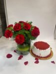 10 Red Carnations in Fish Bowl with Red Velvet Cake