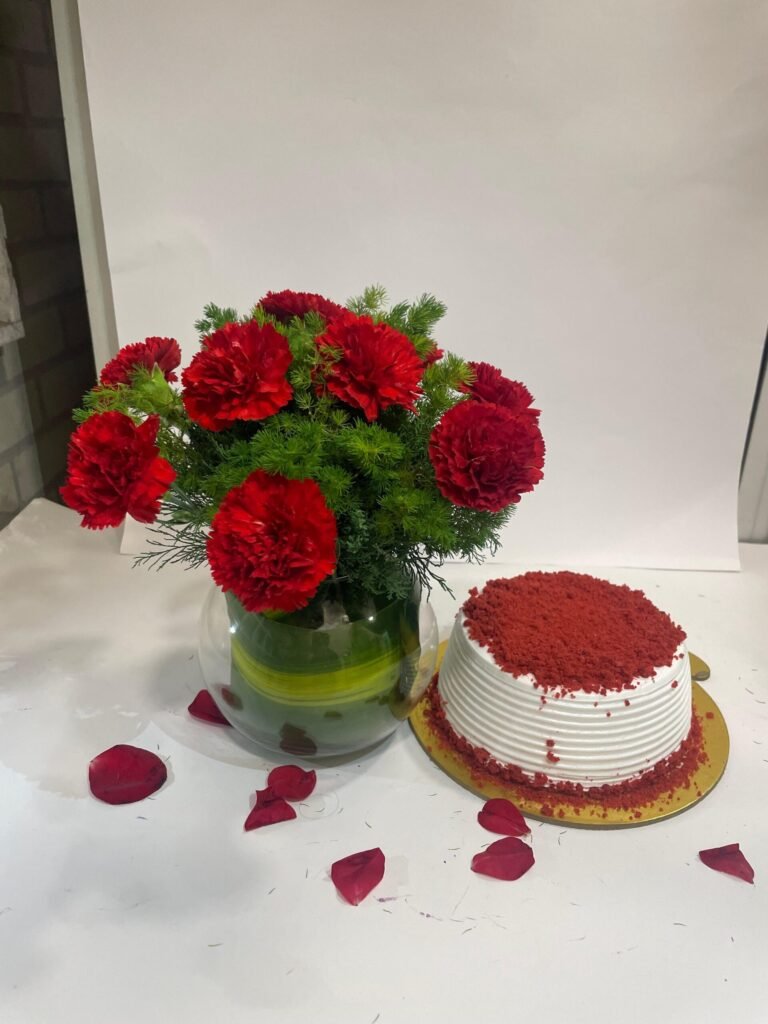 10 Red Carnations in Fish Bowl with Red Velvet Cake