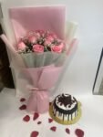 12 Pink Roses Bunch with Black Forest Cake