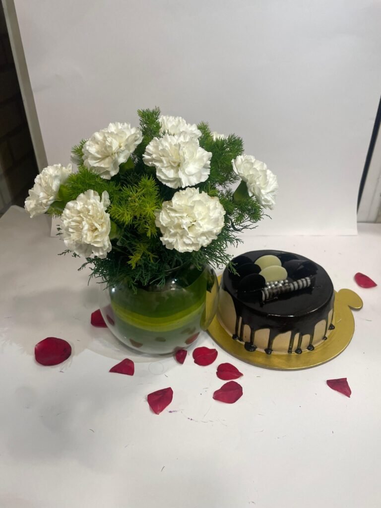 10 White Carnations in Fish Bowl with Chocolate Cake