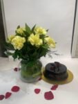 10 Yellow Carnations in Fish Bowl with Truffle Cake