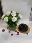 10 White Carnations in Fish Bowl with Truffle Cake