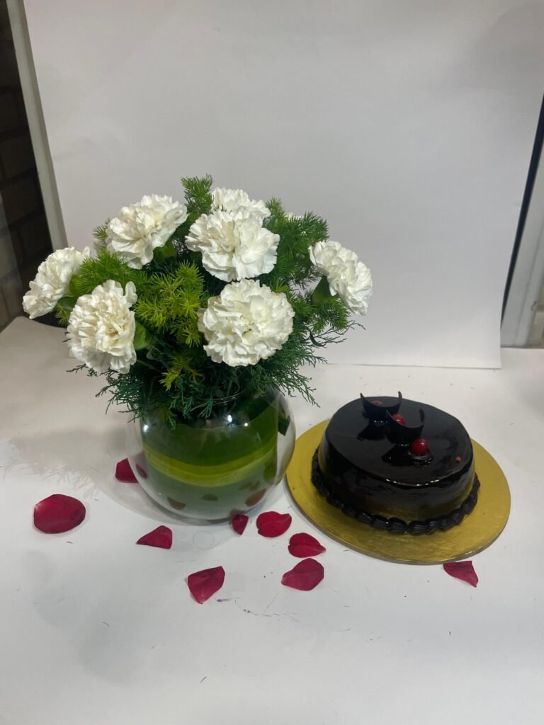 10 White Carnations in Fish Bowl with Truffle Cake