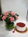 10 Pink Carnations in Fish Bowl with Red Velvet Cake