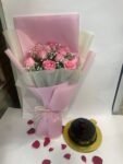 12 Pink Roses Bunch with Truffle Cake
