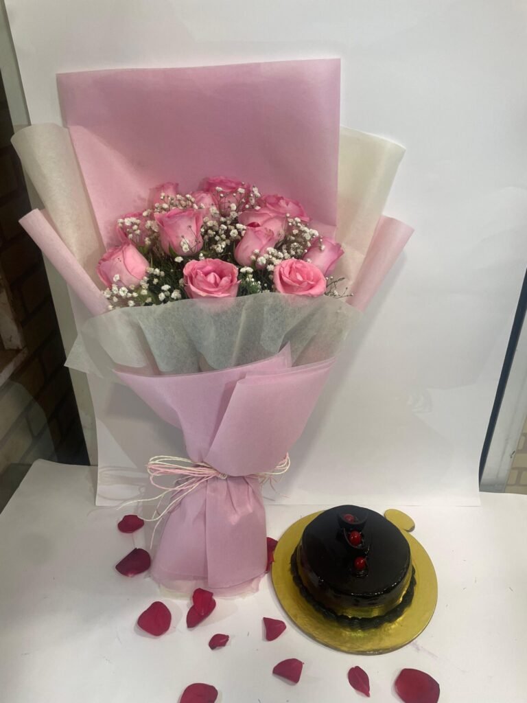 12 Pink Roses Bunch with Truffle Cake