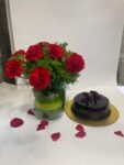 10 Red Carnations in Fish Bowl with Truffle Cake