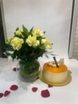 10 Yellow Carnations in Fish Bowl with Butterscotch Cake