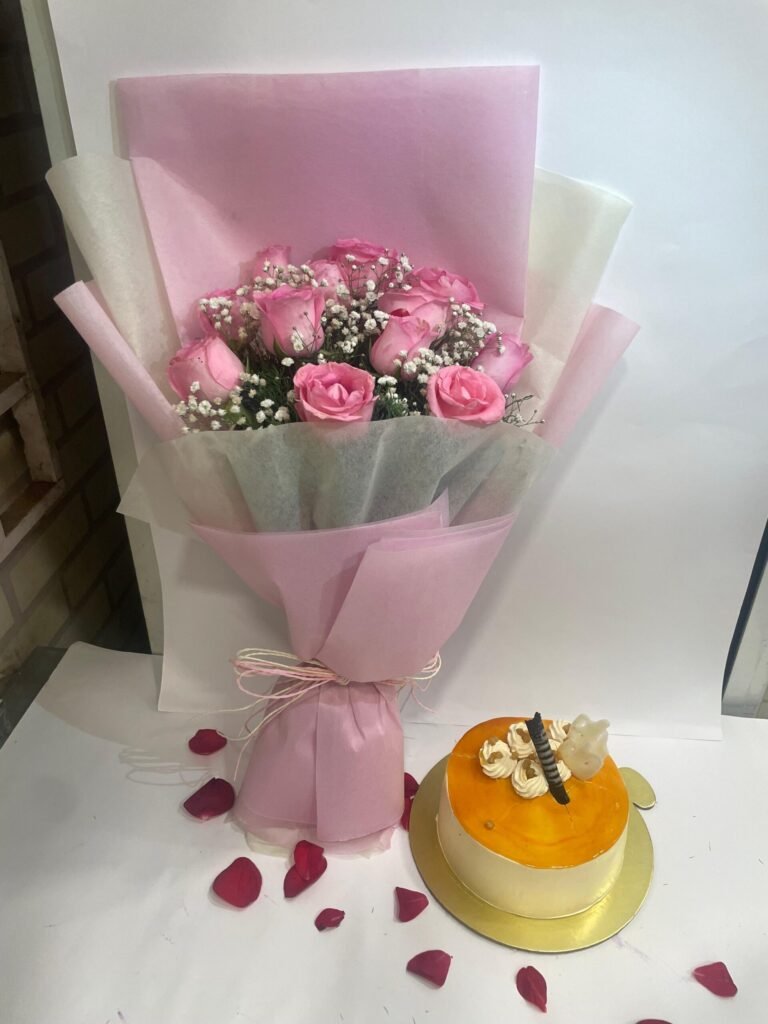 12 Pink Roses Bunch with Butterscotch Cake