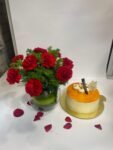 10 Red Carnations in Fish Bowl with Butterscotch Cake