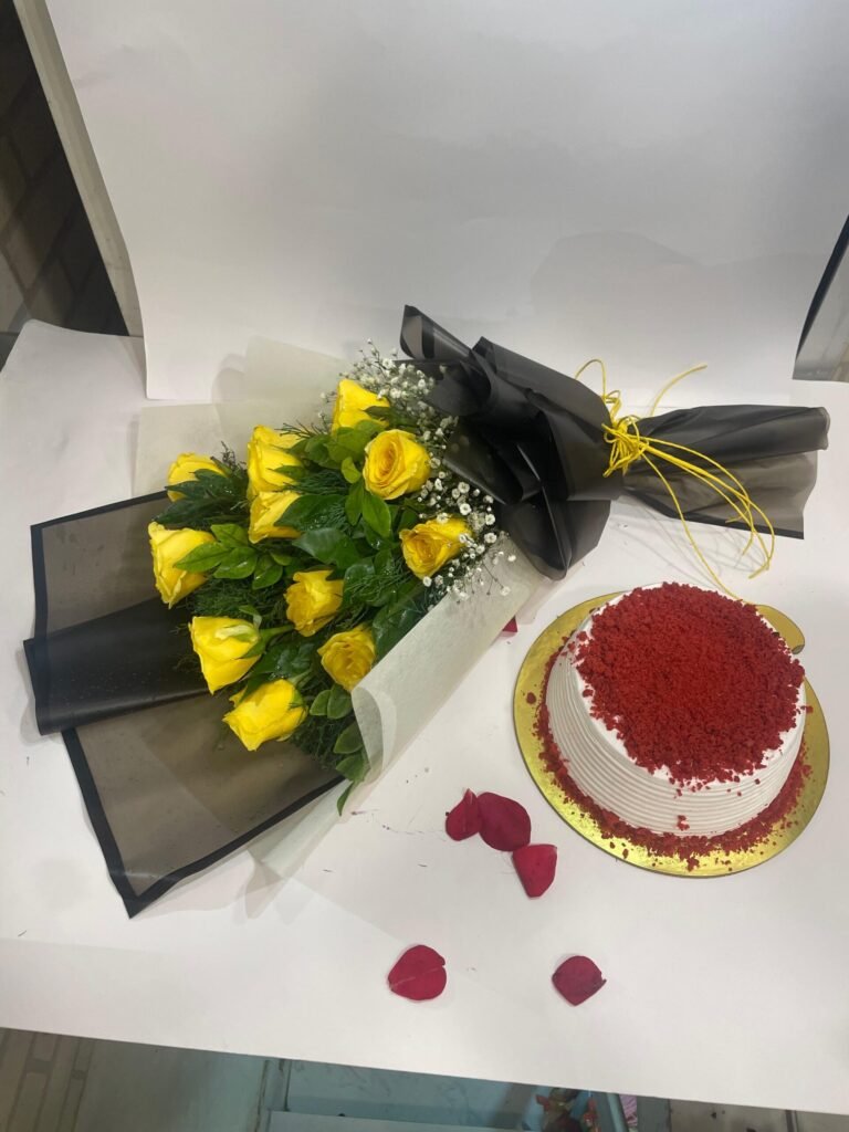 12 Yellow Roses Bunch with Red Velvet Cake