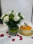 10 White Carnations in Fish Bowl with Butterscotch Cake