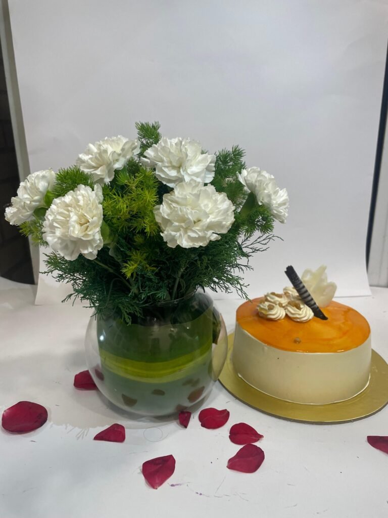 10 White Carnations in Fish Bowl with Butterscotch Cake