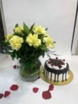 10 Yellow Carnations in Fish Bowl with Black Forest Cake