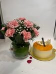 10 Pink Carnations in Fish Bowl with Butterscotch Cake
