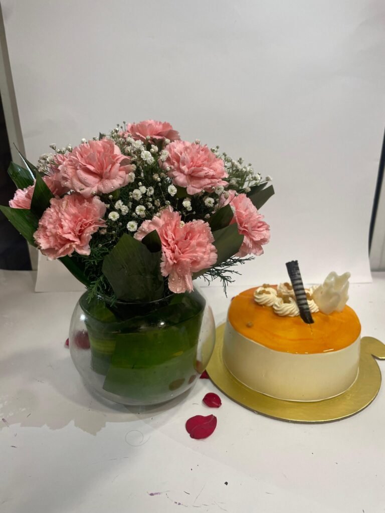 10 Pink Carnations in Fish Bowl with Butterscotch Cake