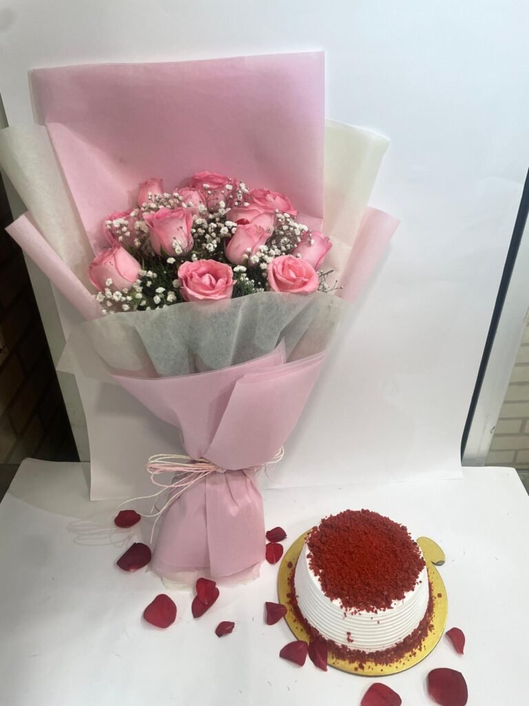 12 Pink Roses Bunch with Red Velvet Cake