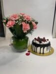 10 Pink Carnations in Fish Bowl with Black Forest Cake