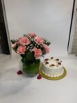 10 Pink Carnations in Fish Bowl with Pineapple Cake