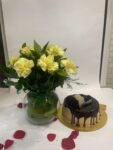 10 Yellow Carnations in Fish Bowl with Chocolate Cake