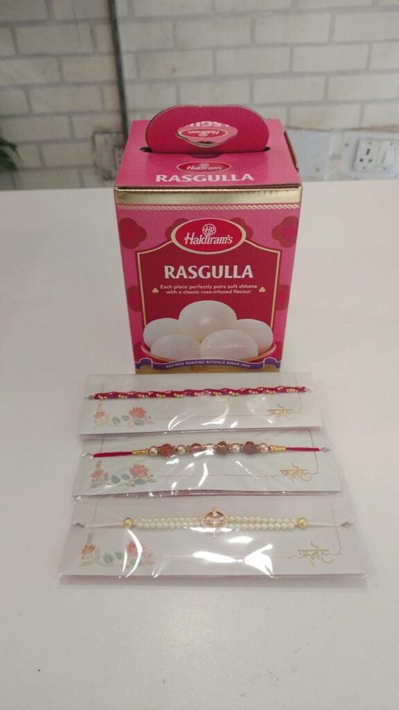3 Rakhi and Haldiram's Rasgulla Box